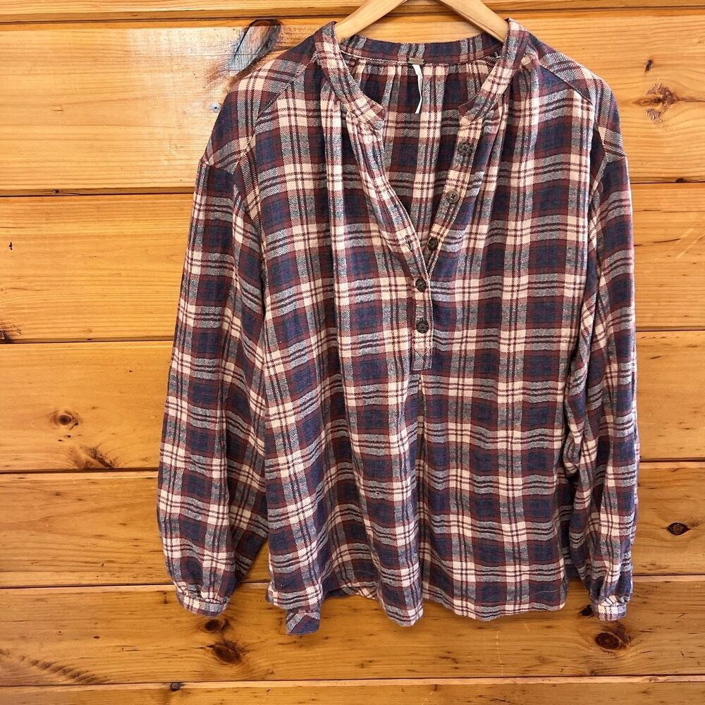 Free People Northern Bound Flannel Plaid Blue Red Pullover Boho Tunic Top M